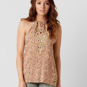 Gimmicks by BKE Floral High Neck Halter Top with cream crochet cut out size XS